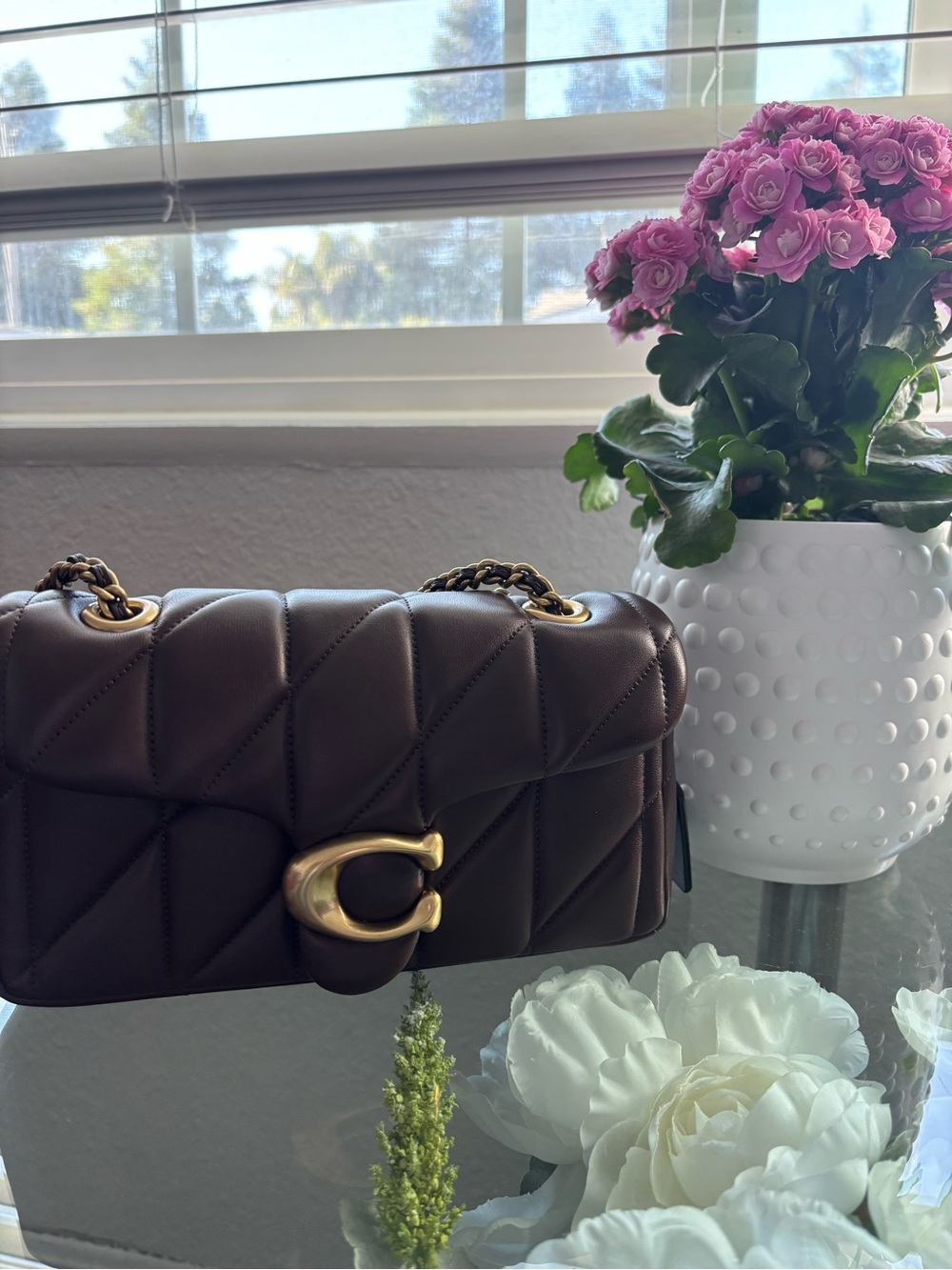 Coach Quilted Shoulder Bag in Dark Brown with Gold Hardware